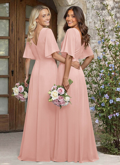 A-Line V-Neck 1/2 Sleeves Chiffon Bridesmaid Dresses With High Split