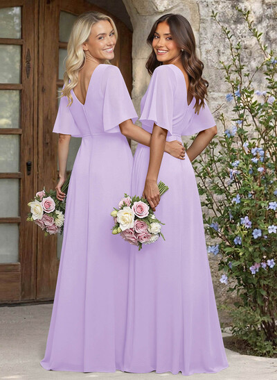 A-Line V-Neck 1/2 Sleeves Chiffon Bridesmaid Dresses With High Split