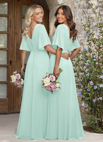 A-Line V-Neck 1/2 Sleeves Chiffon Bridesmaid Dresses With High Split