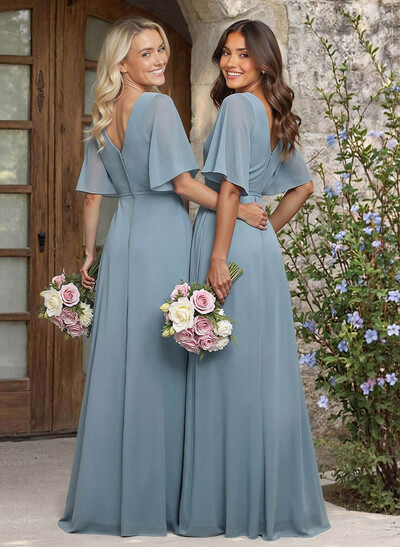 A-Line V-Neck 1/2 Sleeves Chiffon Bridesmaid Dresses With High Split