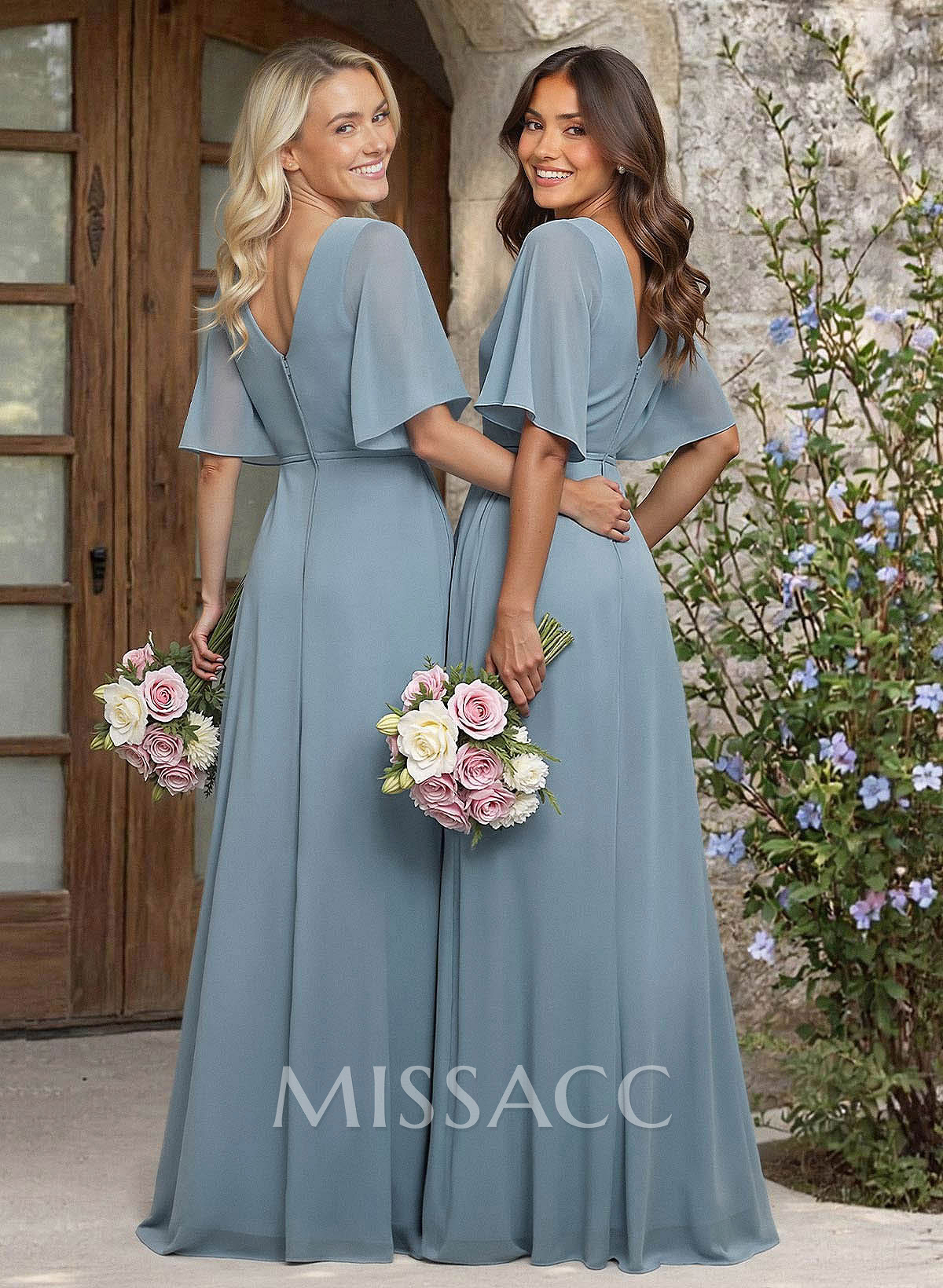 A-Line V-Neck 1/2 Sleeves Chiffon Bridesmaid Dresses With High Split