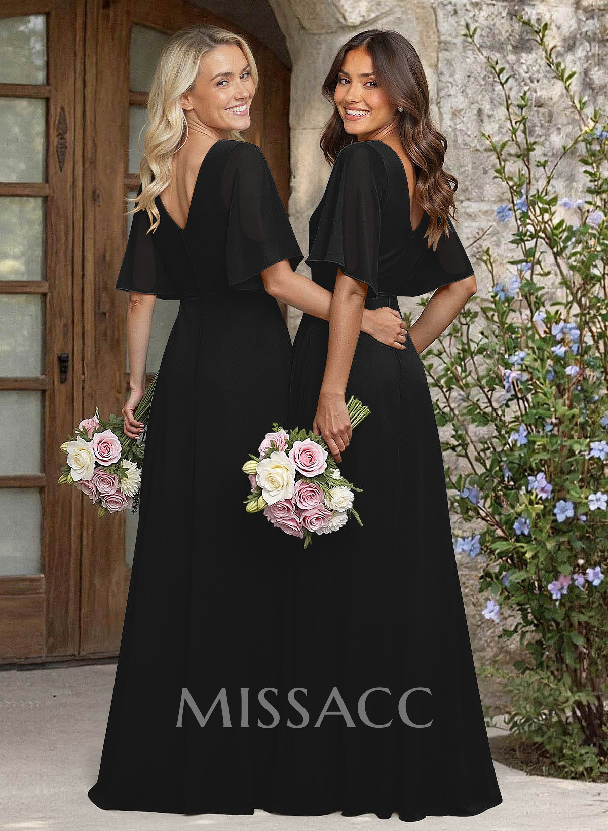 A-Line V-Neck 1/2 Sleeves Chiffon Bridesmaid Dresses With High Split