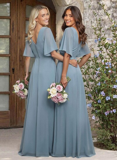 A-Line V-Neck 1/2 Sleeves Chiffon Bridesmaid Dresses With High Split