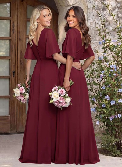 A-Line V-Neck 1/2 Sleeves Chiffon Bridesmaid Dresses With High Split