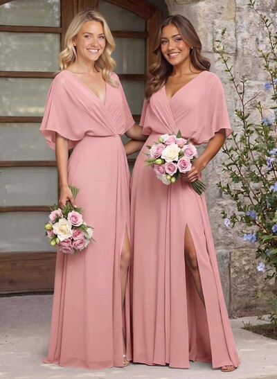 A-Line V-Neck 1/2 Sleeves Chiffon Bridesmaid Dresses With High Split
