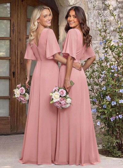 A-Line V-Neck 1/2 Sleeves Chiffon Bridesmaid Dresses With High Split