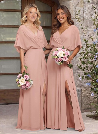 A-Line V-Neck 1/2 Sleeves Chiffon Bridesmaid Dresses With High Split