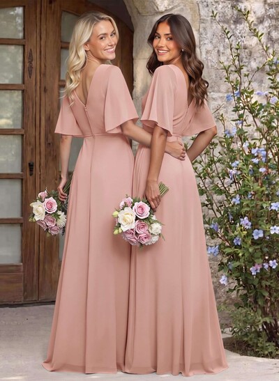 A-Line V-Neck 1/2 Sleeves Chiffon Bridesmaid Dresses With High Split