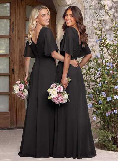 A-Line V-Neck 1/2 Sleeves Chiffon Bridesmaid Dresses With High Split