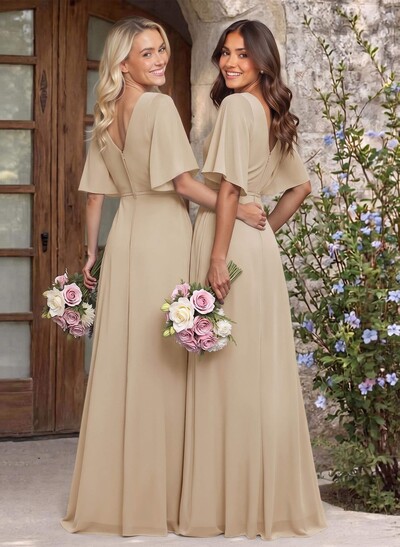 A-Line V-Neck 1/2 Sleeves Chiffon Bridesmaid Dresses With High Split