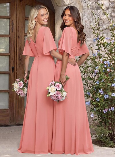 A-Line V-Neck 1/2 Sleeves Chiffon Bridesmaid Dresses With High Split