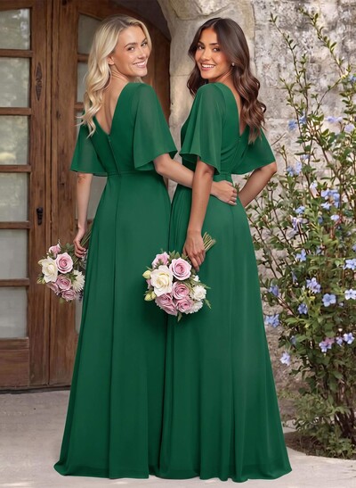 A-Line V-Neck 1/2 Sleeves Chiffon Bridesmaid Dresses With High Split