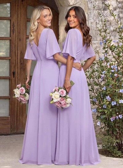 A-Line V-Neck 1/2 Sleeves Chiffon Bridesmaid Dresses With High Split
