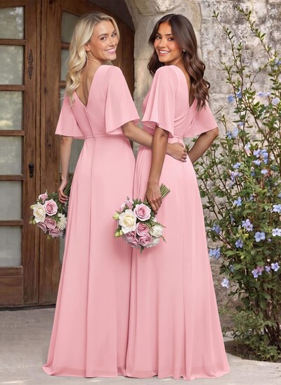 A-Line V-Neck 1/2 Sleeves Chiffon Bridesmaid Dresses With High Split