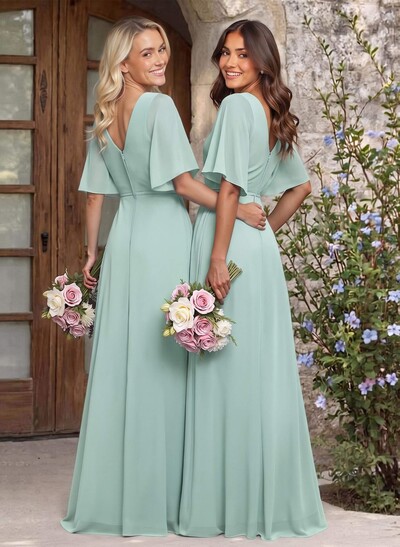 A-Line V-Neck 1/2 Sleeves Chiffon Bridesmaid Dresses With High Split