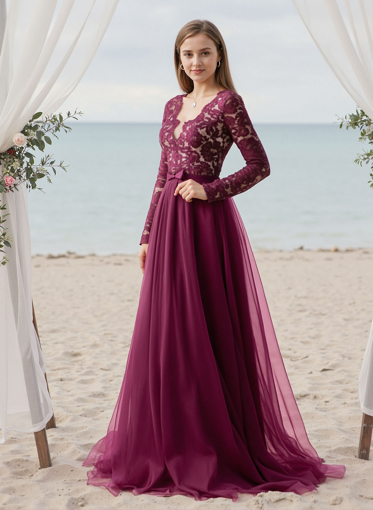 A-Line V-Neck Long Sleeves Sweep Train Lace/Tulle Bridesmaid Dresses