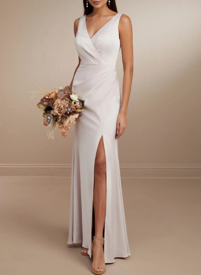Sheath/Column V-Neck Silk Like Satin Bridesmaid Dresses With High Split