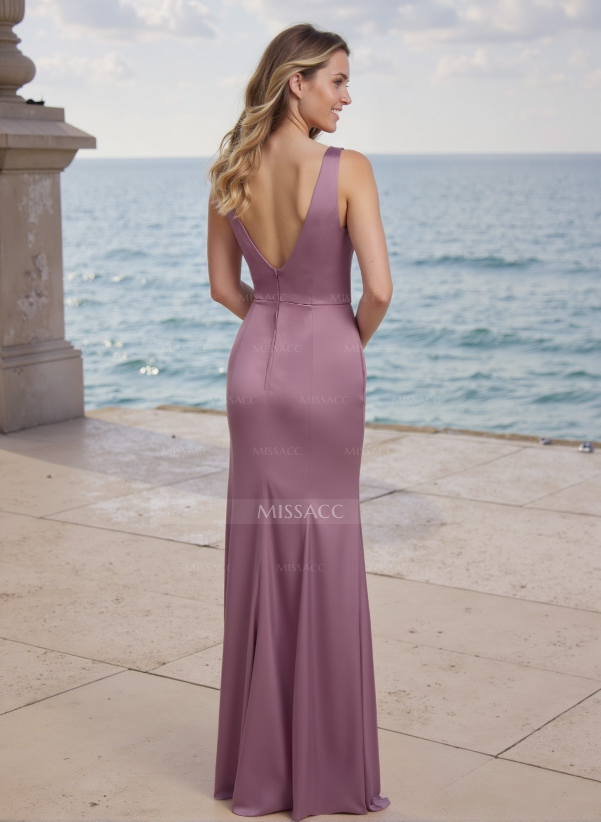 Sheath/Column V-Neck Silk Like Satin Bridesmaid Dresses With High Split