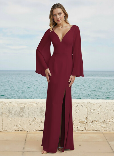Sheath/Column V-Neck Long Chiffon Bridesmaid Dresses With High Split