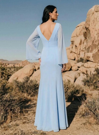 Sheath/Column V-Neck Long Chiffon Bridesmaid Dresses With High Split