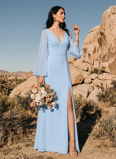 Sheath/Column V-Neck Long Chiffon Bridesmaid Dresses With High Split