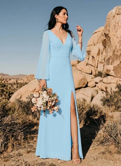 Sheath/Column V-Neck Long Chiffon Bridesmaid Dresses With High Split