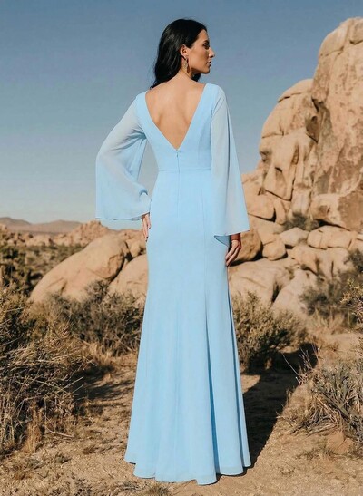 Sheath/Column V-Neck Long Chiffon Bridesmaid Dresses With High Split
