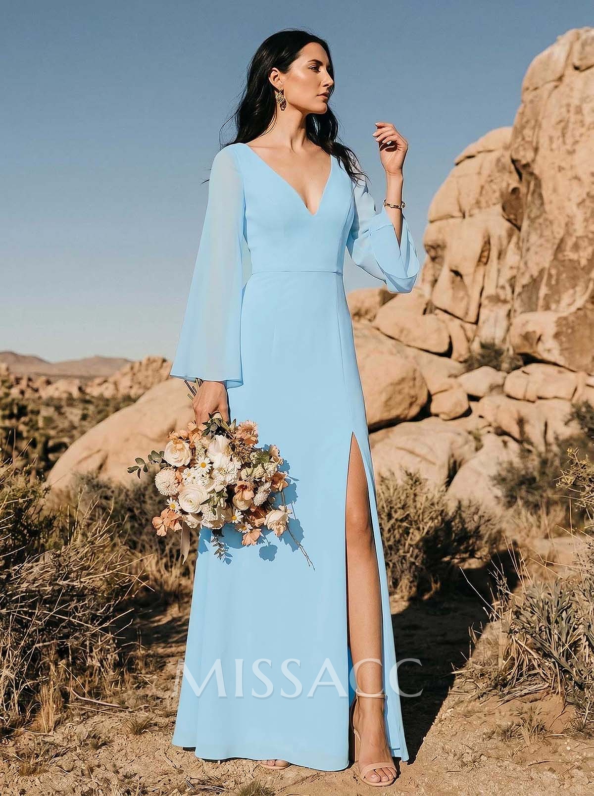 Sheath/Column V-Neck Long Chiffon Bridesmaid Dresses With High Split