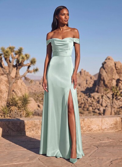Sheath/Column Silk Like Satin Bridesmaid Dresses With High Split