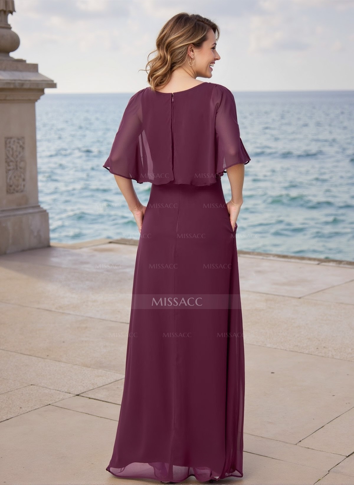 A-Line Scoop Neck 1/2 Sleeves Floor-Length Chiffon Bridesmaid Dresses