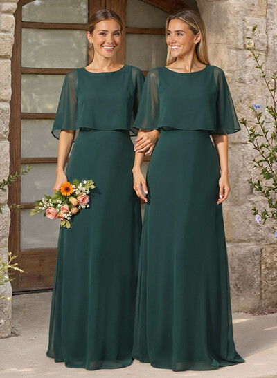 A-Line Scoop Neck 1/2 Sleeves Floor-Length Chiffon Bridesmaid Dresses