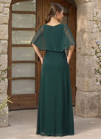 A-Line Scoop Neck 1/2 Sleeves Floor-Length Chiffon Bridesmaid Dresses
