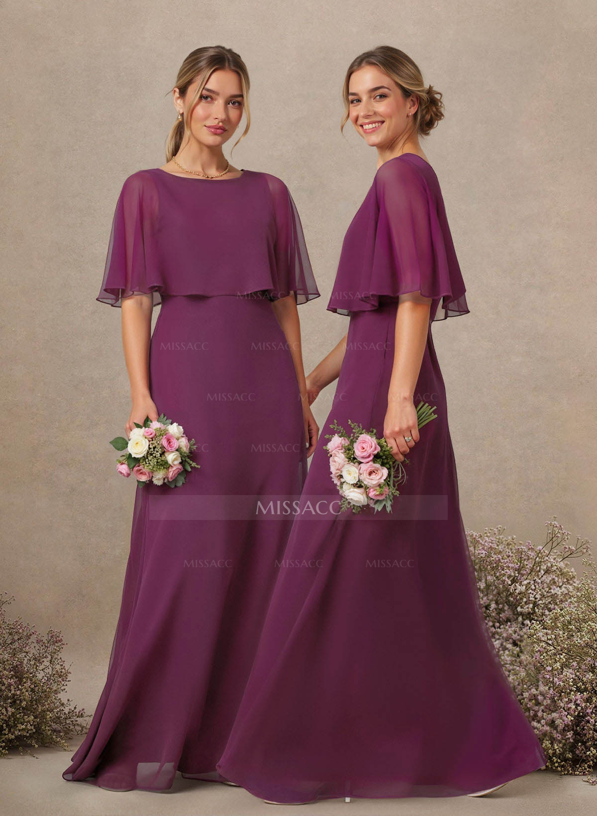 A-Line Scoop Neck 1/2 Sleeves Floor-Length Chiffon Bridesmaid Dresses