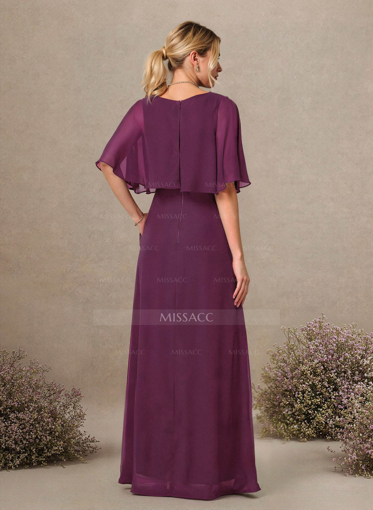 A-Line Scoop Neck 1/2 Sleeves Floor-Length Chiffon Bridesmaid Dresses