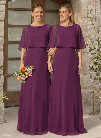 A-Line Scoop Neck 1/2 Sleeves Floor-Length Chiffon Bridesmaid Dresses