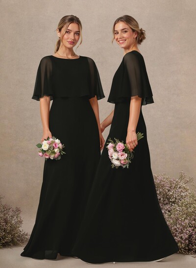 A-Line Scoop Neck 1/2 Sleeves Floor-Length Chiffon Bridesmaid Dresses