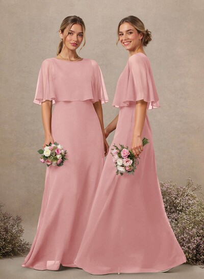 A-Line Scoop Neck 1/2 Sleeves Floor-Length Chiffon Bridesmaid Dresses