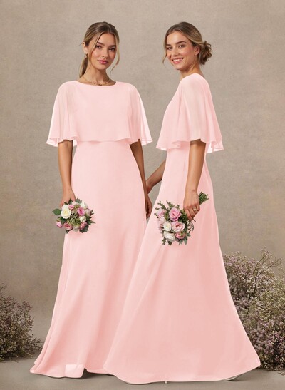A-Line Scoop Neck 1/2 Sleeves Floor-Length Chiffon Bridesmaid Dresses