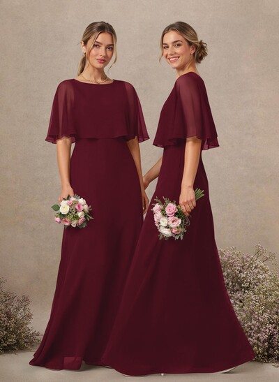 A-Line Scoop Neck 1/2 Sleeves Floor-Length Chiffon Bridesmaid Dresses