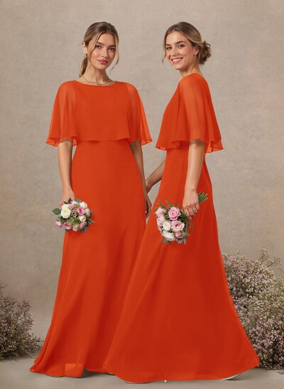 A-Line Scoop Neck 1/2 Sleeves Floor-Length Chiffon Bridesmaid Dresses