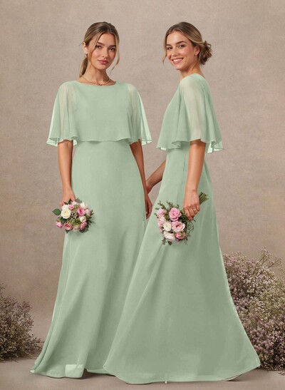 A-Line Scoop Neck 1/2 Sleeves Floor-Length Chiffon Bridesmaid Dresses