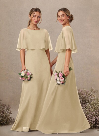 A-Line Scoop Neck 1/2 Sleeves Floor-Length Chiffon Bridesmaid Dresses