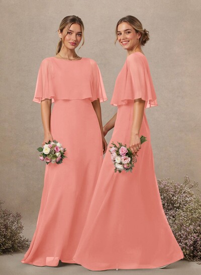 A-Line Scoop Neck 1/2 Sleeves Floor-Length Chiffon Bridesmaid Dresses