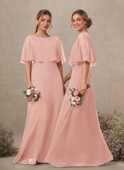 A-Line Scoop Neck 1/2 Sleeves Floor-Length Chiffon Bridesmaid Dresses