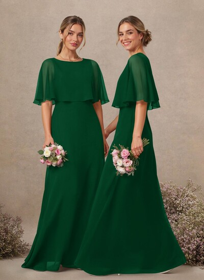 A-Line Scoop Neck 1/2 Sleeves Floor-Length Chiffon Bridesmaid Dresses