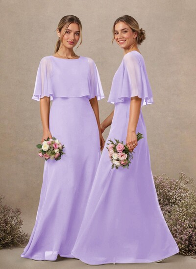 A-Line Scoop Neck 1/2 Sleeves Floor-Length Chiffon Bridesmaid Dresses
