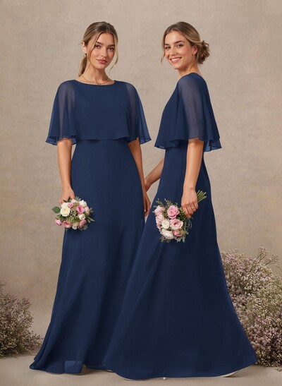 A-Line Scoop Neck 1/2 Sleeves Floor-Length Chiffon Bridesmaid Dresses