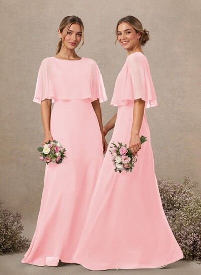 A-Line Scoop Neck 1/2 Sleeves Floor-Length Chiffon Bridesmaid Dresses
