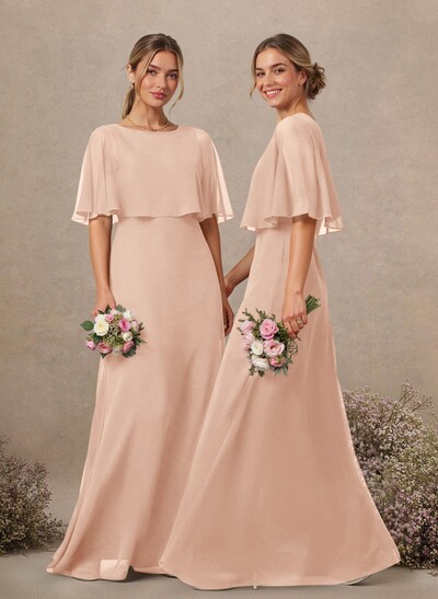 A-Line Scoop Neck 1/2 Sleeves Floor-Length Chiffon Bridesmaid Dresses