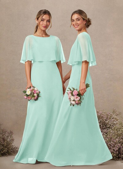 A-Line Scoop Neck 1/2 Sleeves Floor-Length Chiffon Bridesmaid Dresses